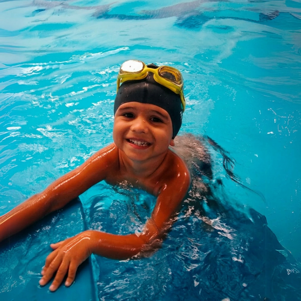 Aluno sorrindo na piscina aquecida da FuncioNado